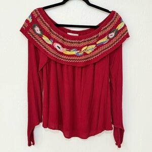 Cklass red embroidered off-shoulder boho blouse size L